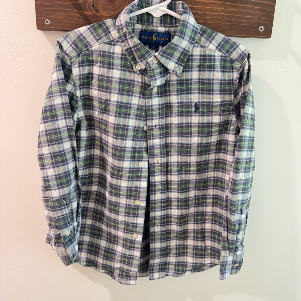 Ralph Lauren Blue Green Plaid‎ Cotton Button Up Shirt Size 6